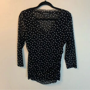 INC black white polka dot V-neck blouse  3/4 sleeve mesh M